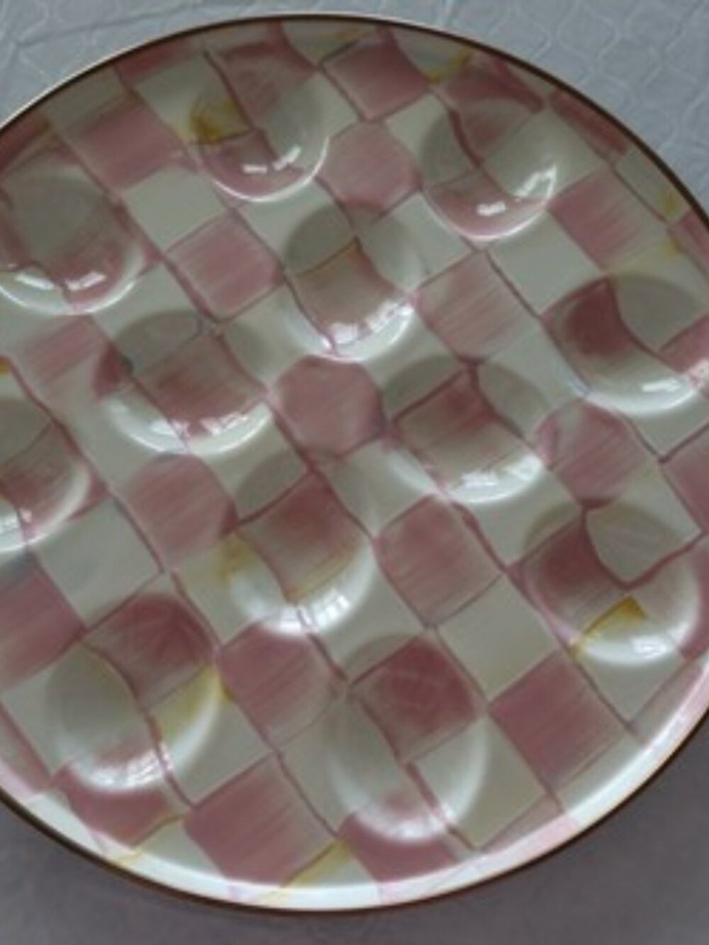 Mackenzie Childs Egg Plate Ceramic Courtley Check Pattern Rosy Check Color NEW